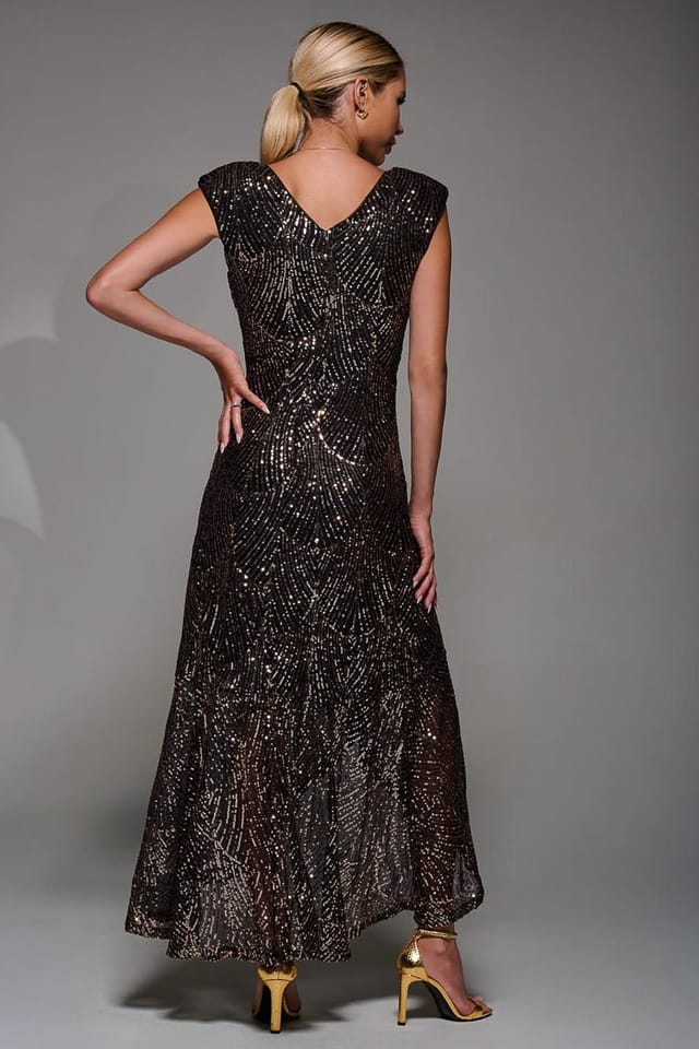 Jolie Moi Jolie Moi Women's Sequin Asymmetric Ruffle Hem Maxi Dress in Gold - 2