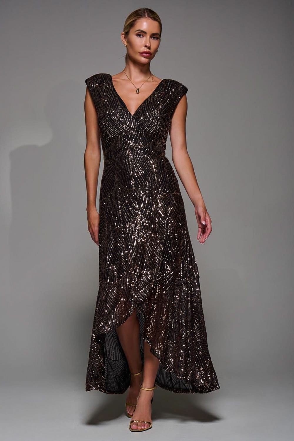 Jolie Moi Jolie Moi Women's Sequin Asymmetric Ruffle Hem Maxi Dress in Gold - 4