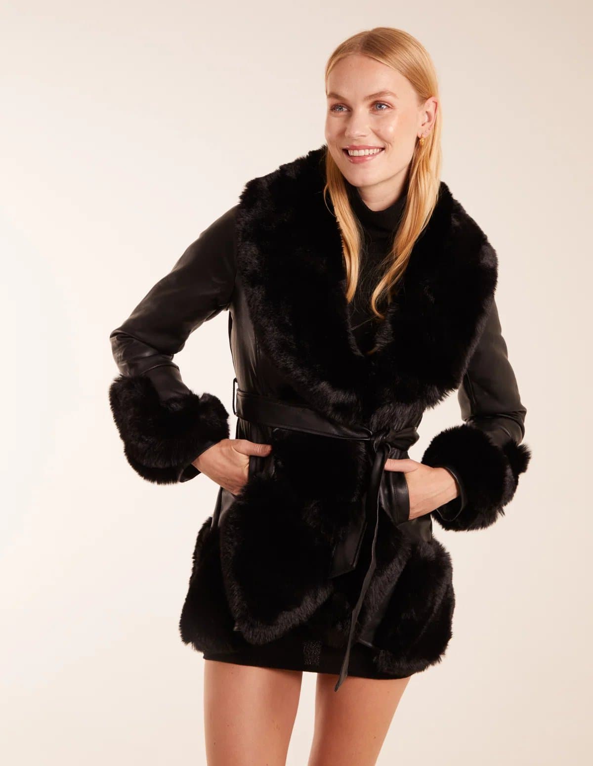 Blue Vanilla Faux Fur Collar PU Belted Coat