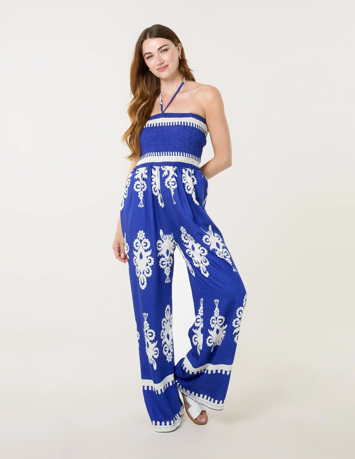 Blue Vanilla Halter Neck Shirred Waist Jumpsuit