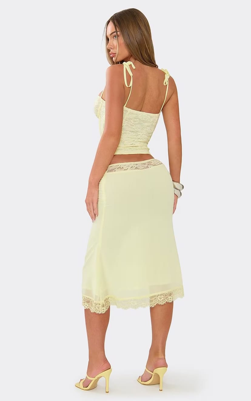 EGO Low Rise Lace Trim Detail Midi Skirt In Lemon Chiffon, Women's Size UK 6 - 1