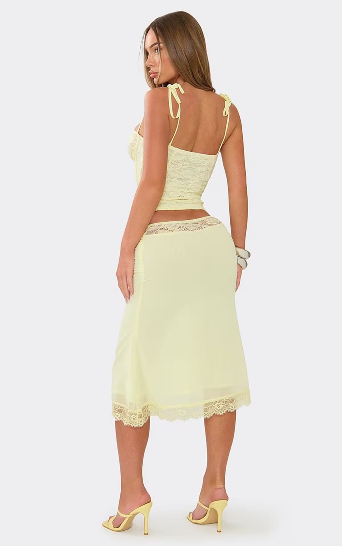 EGO Low Rise Lace Trim Detail Midi Skirt In Lemon Chiffon, Women's Size UK 6 - 1