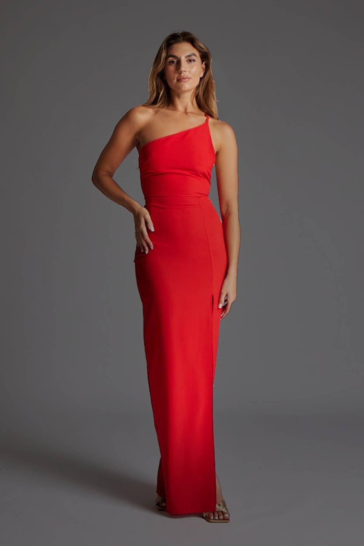 Vesper Vesper Women's One Shoulder Open back Maxi Dress in Red - 1