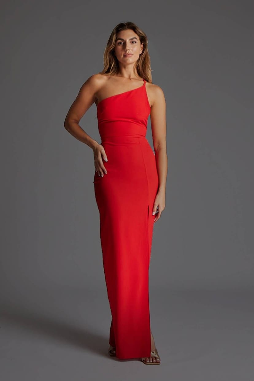 Vesper Vesper Women's One Shoulder Open back Maxi Dress in Red - 1