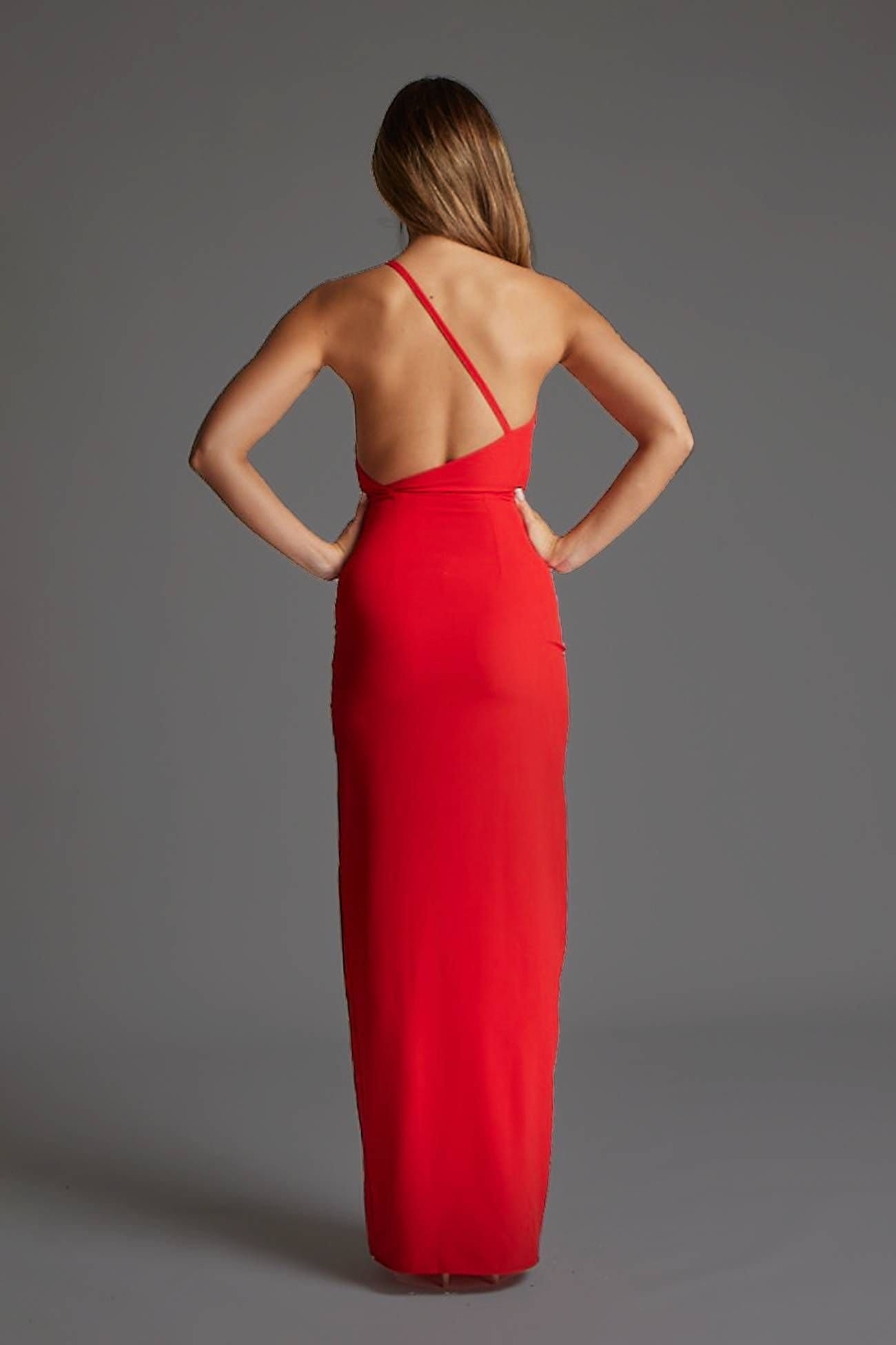 Vesper Vesper Women's One Shoulder Open back Maxi Dress in Red - 4