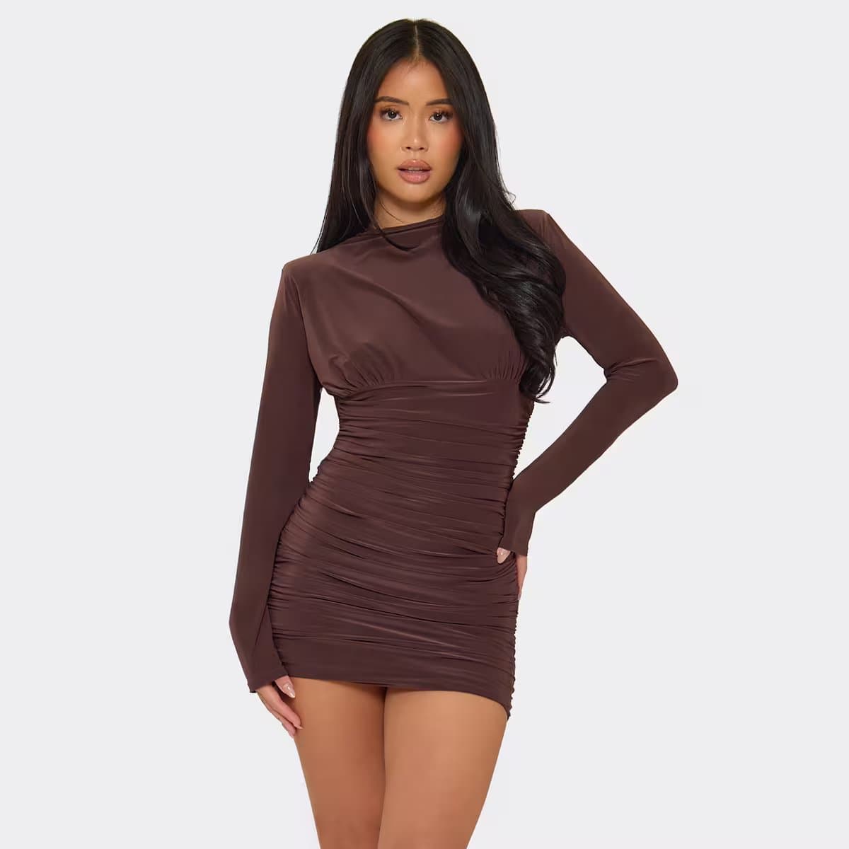 EGO Long Sleeve Shoulder Padded Ruched Mini Dress In Chocolate Brown, Women's Size UK 6