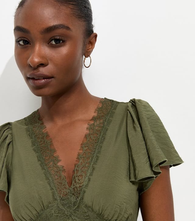 New Look Women's Dark Khaki Crinkle Texture Lace Trim V Neck Mini Dress New Look - 2