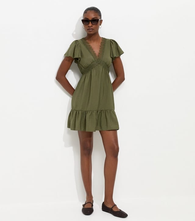 New Look Women's Dark Khaki Crinkle Texture Lace Trim V Neck Mini Dress New Look - 3