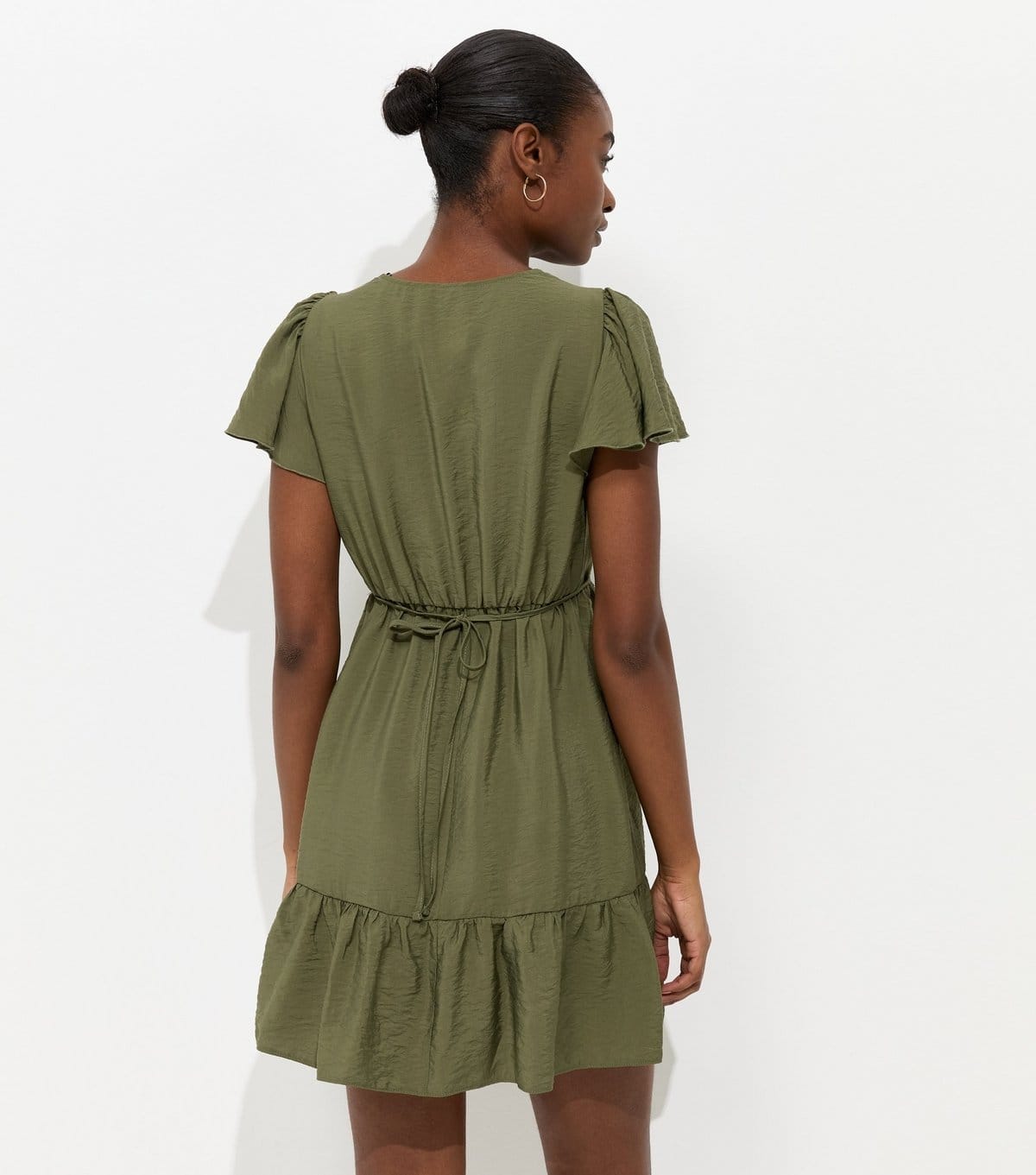 New Look Women's Dark Khaki Crinkle Texture Lace Trim V Neck Mini Dress New Look - 4
