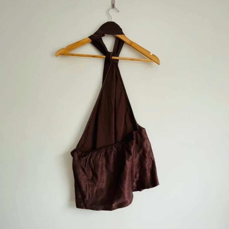 ASOS Asos brown satin halter tie top open back Size Small