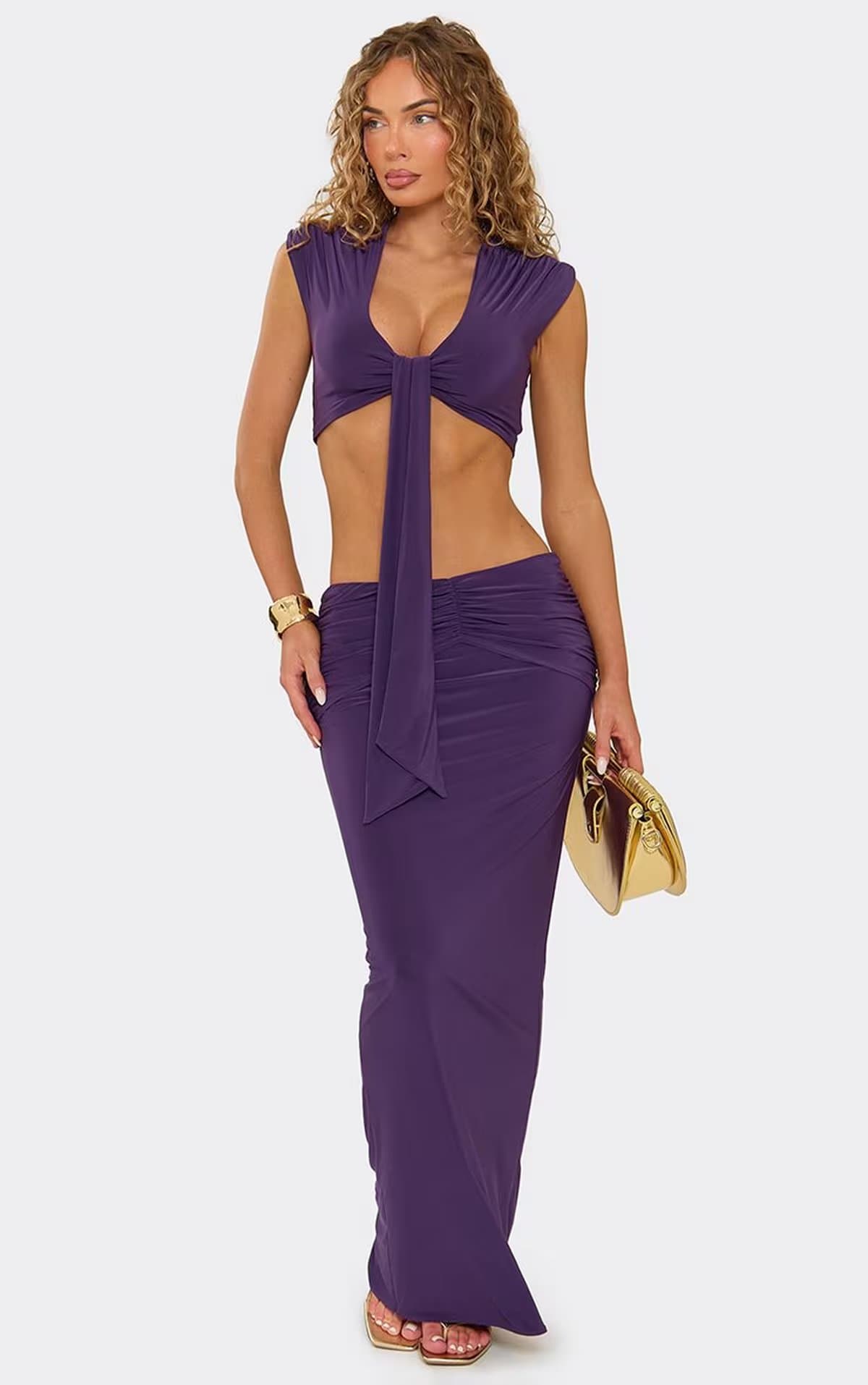 EGO Sleeveless Tie Front Drape Detail Ruched Crop Top In Purple, Women's Size UK 6