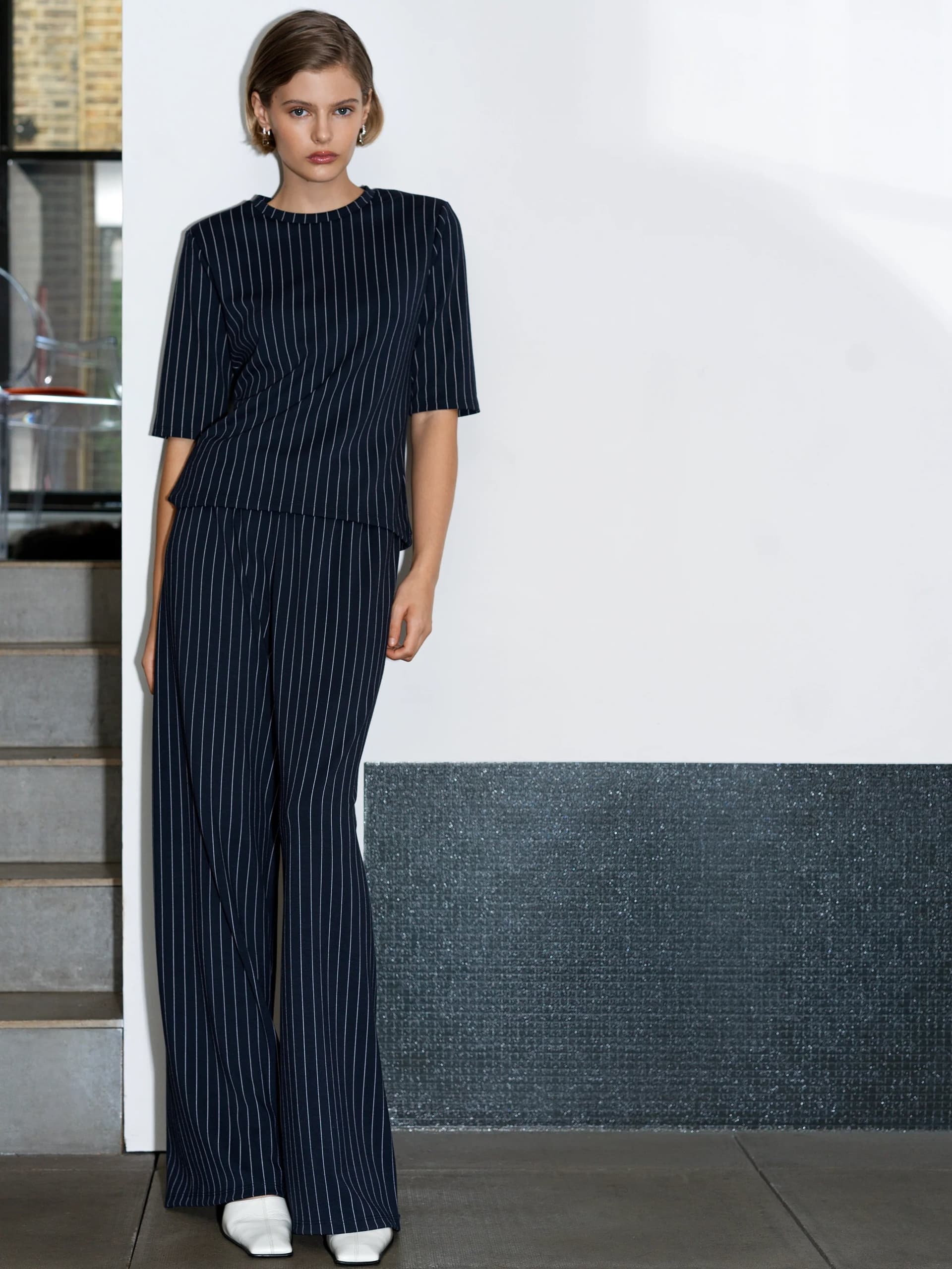 French Connection Regina Jersey Pinstripe Wide Leg Trousers Navy White