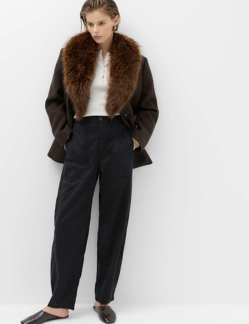 Marks & Spencer M&S Lyocell Rich Utility Barrel Leg Trousers Black