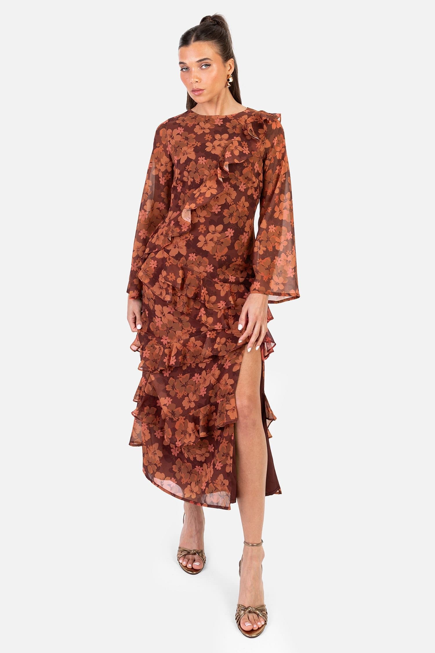 Anaya with Love Anaya with Love Women's Floral Long Sleeve Ruffle Midaxi Dress in Brown