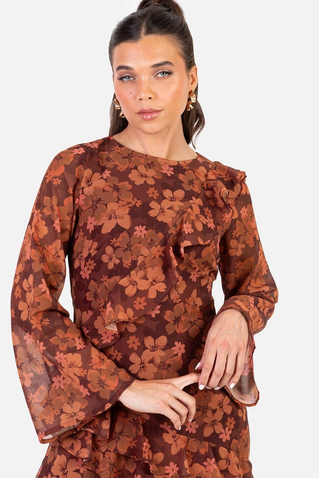 Anaya with Love Anaya with Love Women's Floral Long Sleeve Ruffle Midaxi Dress in Brown - 2