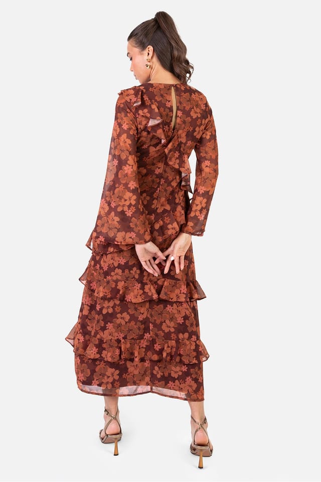 Anaya with Love Anaya with Love Women's Floral Long Sleeve Ruffle Midaxi Dress in Brown - 3
