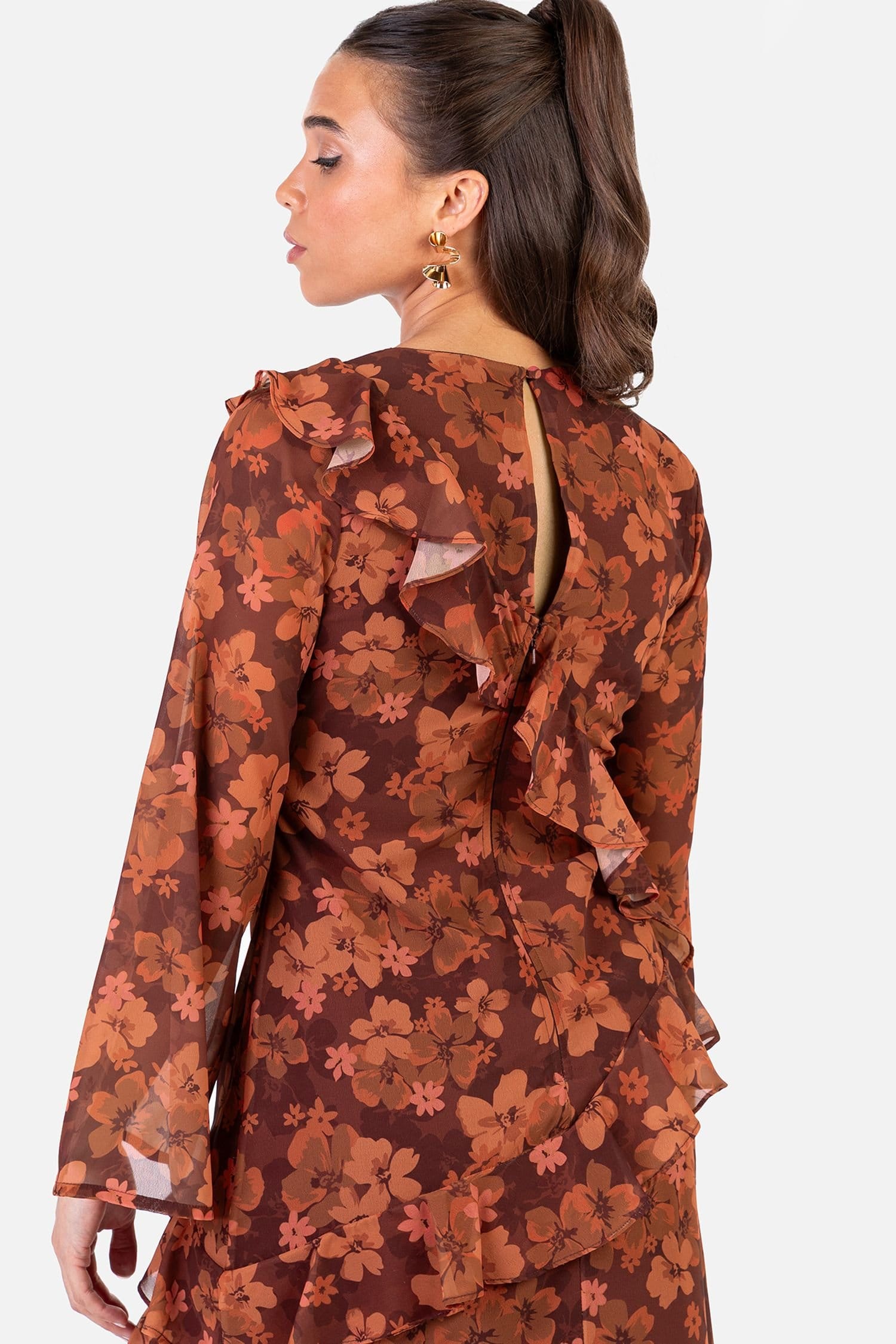 Anaya with Love Anaya with Love Women's Floral Long Sleeve Ruffle Midaxi Dress in Brown - 4