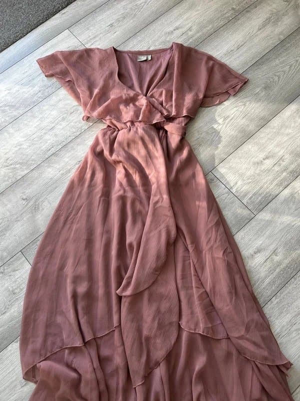 ASOS Design ASOS maxi chiffon dress dusty pink featuring a wrap skirt and ruffle detail size 12
