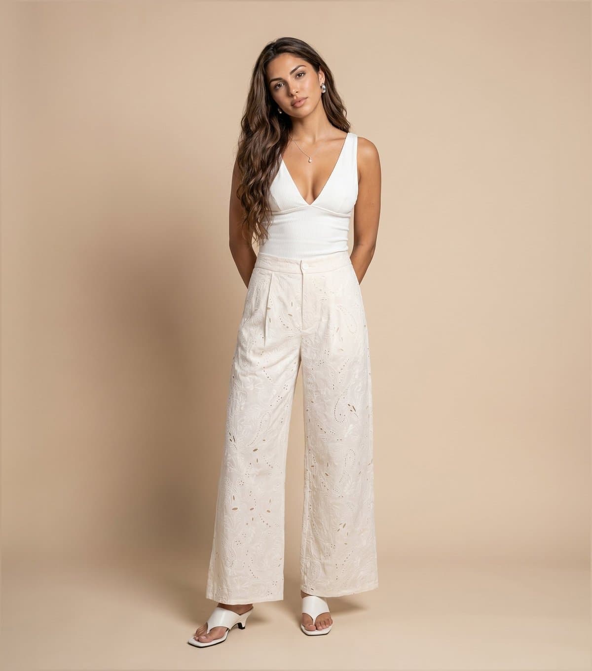 Urban Bliss Urban Bliss Cream Cotton Embroidered Tailored Trousers
