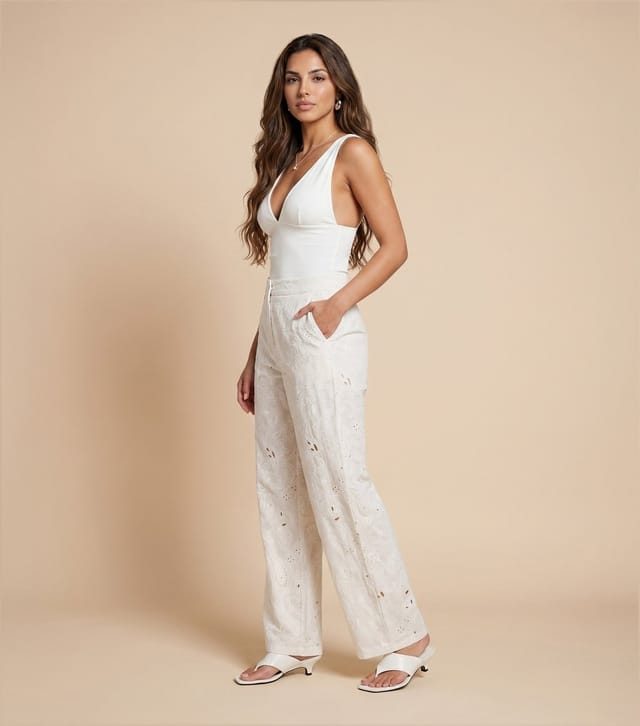 Urban Bliss Women's Cream Cotton Embroidered Tailored Trousers Urban Bliss New Look - 2