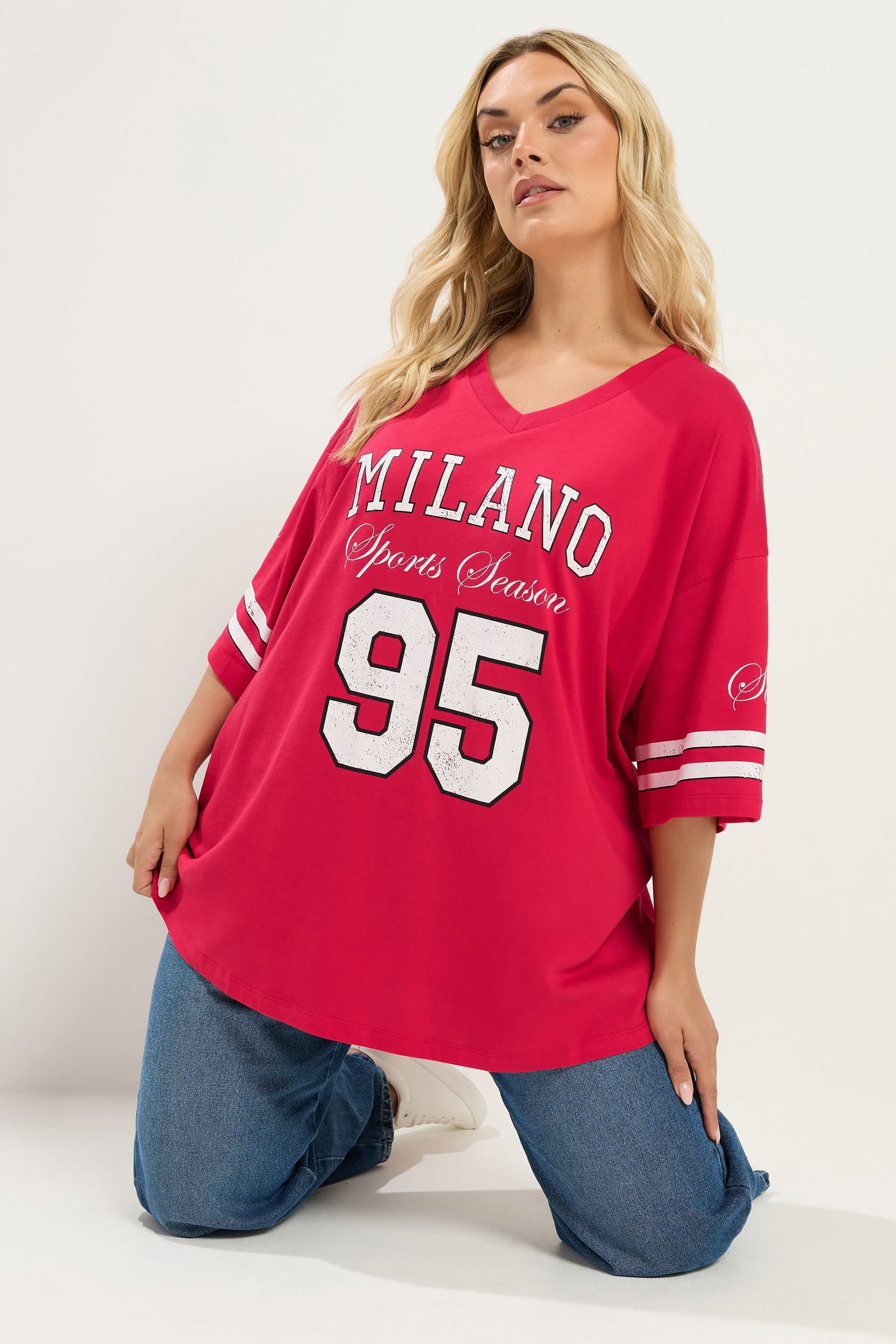 Yours Plus Size Red 'Milano' Boxy Varsity Tshirt