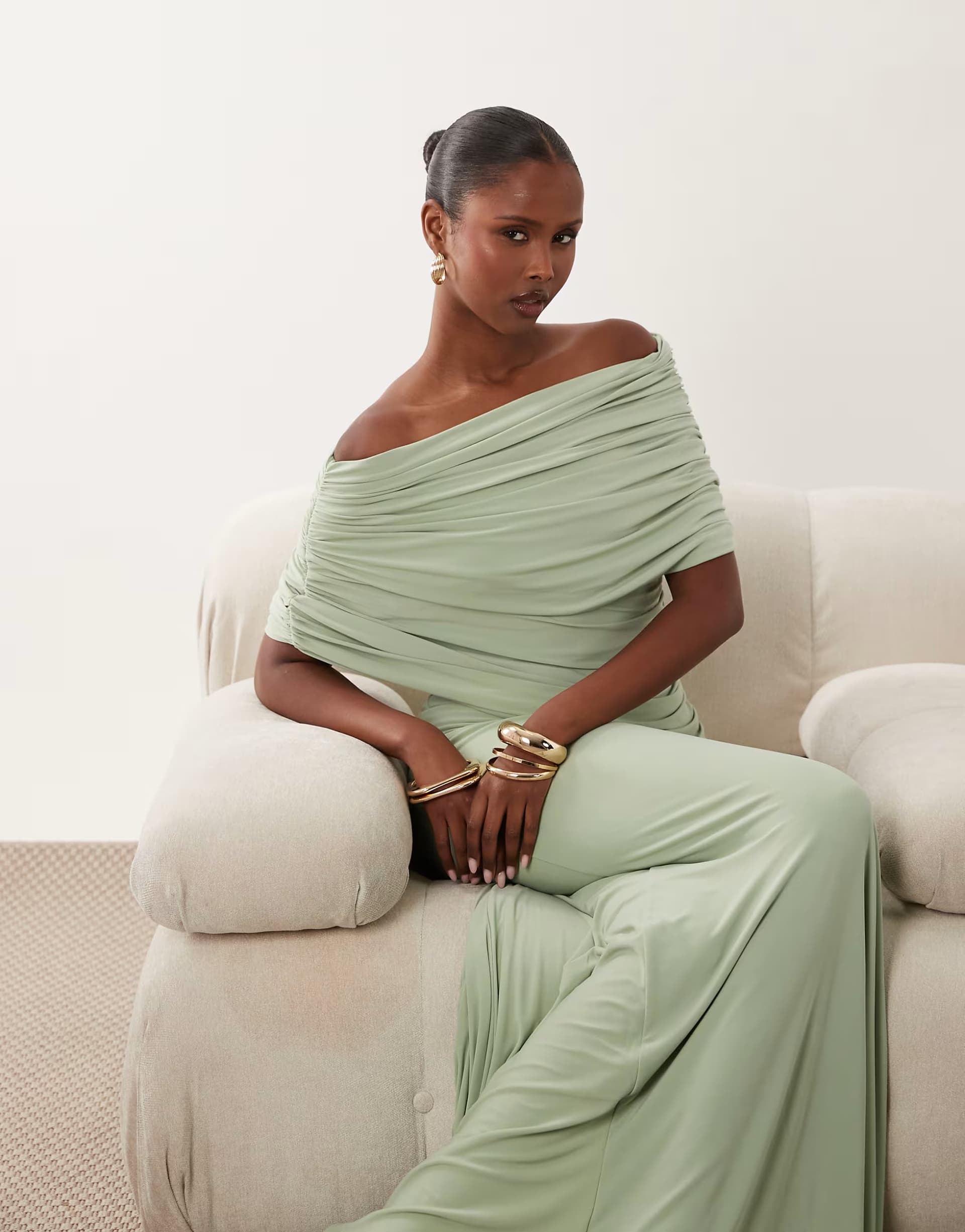 ASOS ASOS DESIGN off shoulder wrap bodice detail maxi dress with train in sage