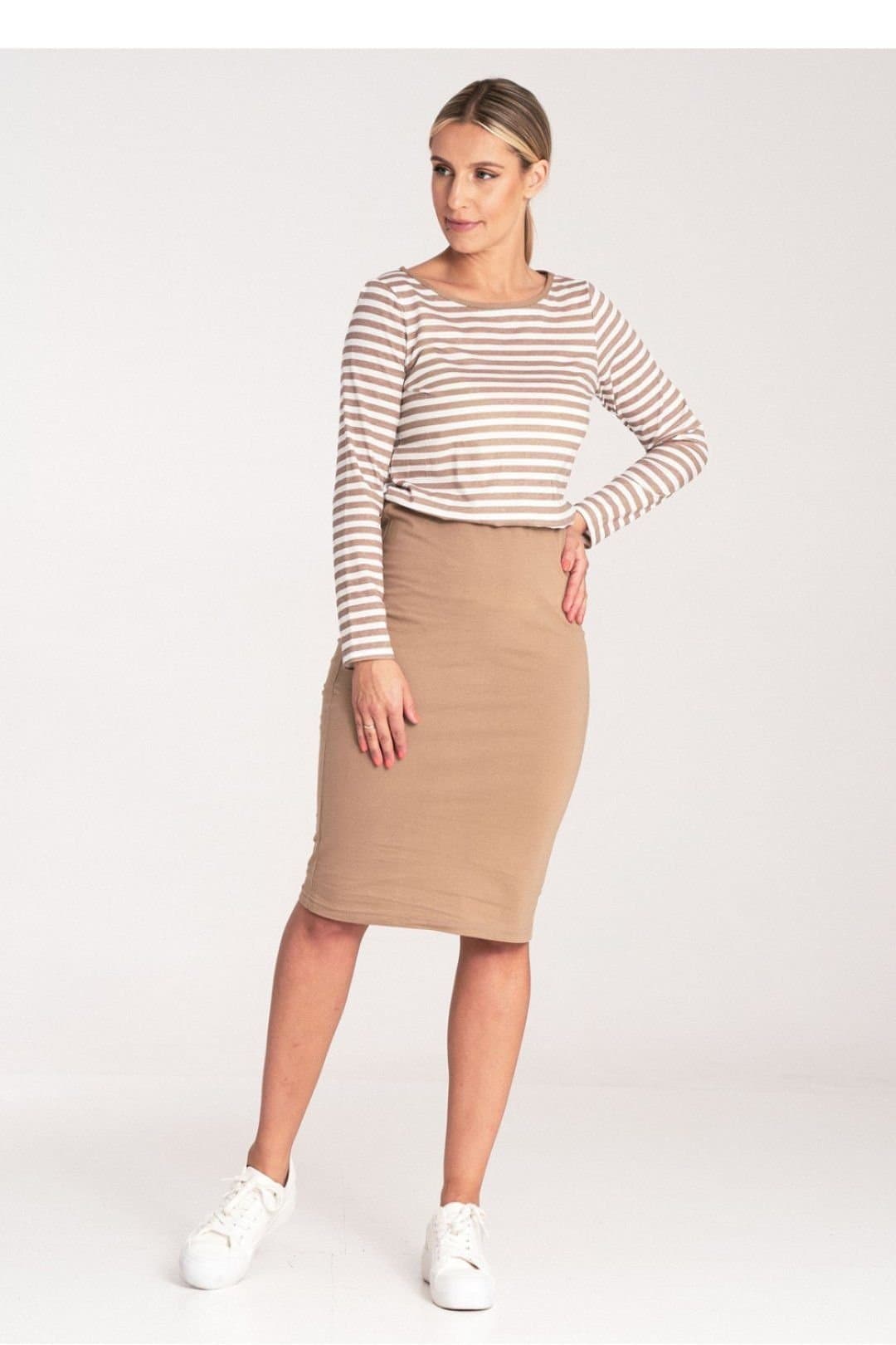 Love Lace Love Lace Women's Cotton Striped Long Sleeve Day Dress in Beige
