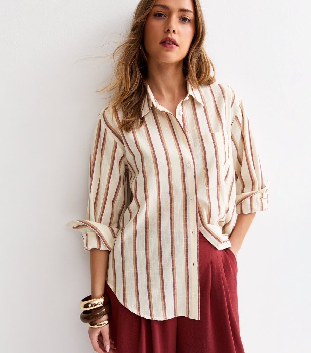 New Look Women's Cream Striped Cotton Long Sleeve Shirt New Look