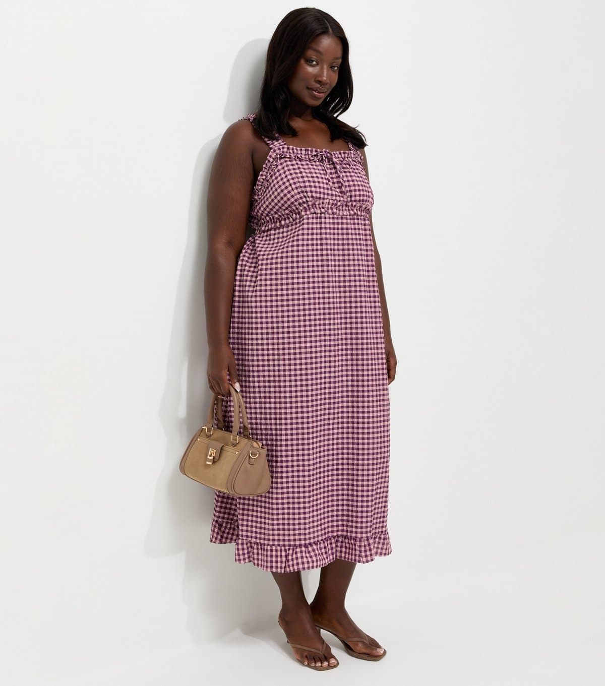 New Look Women's Plus Size Pink Frilly Gingham Midi Dress Curves New Look