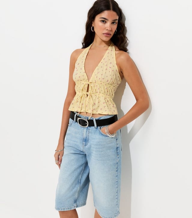 New Look Women's Yellow Floral Print Tie Front Halter Neck Top New Look - 2