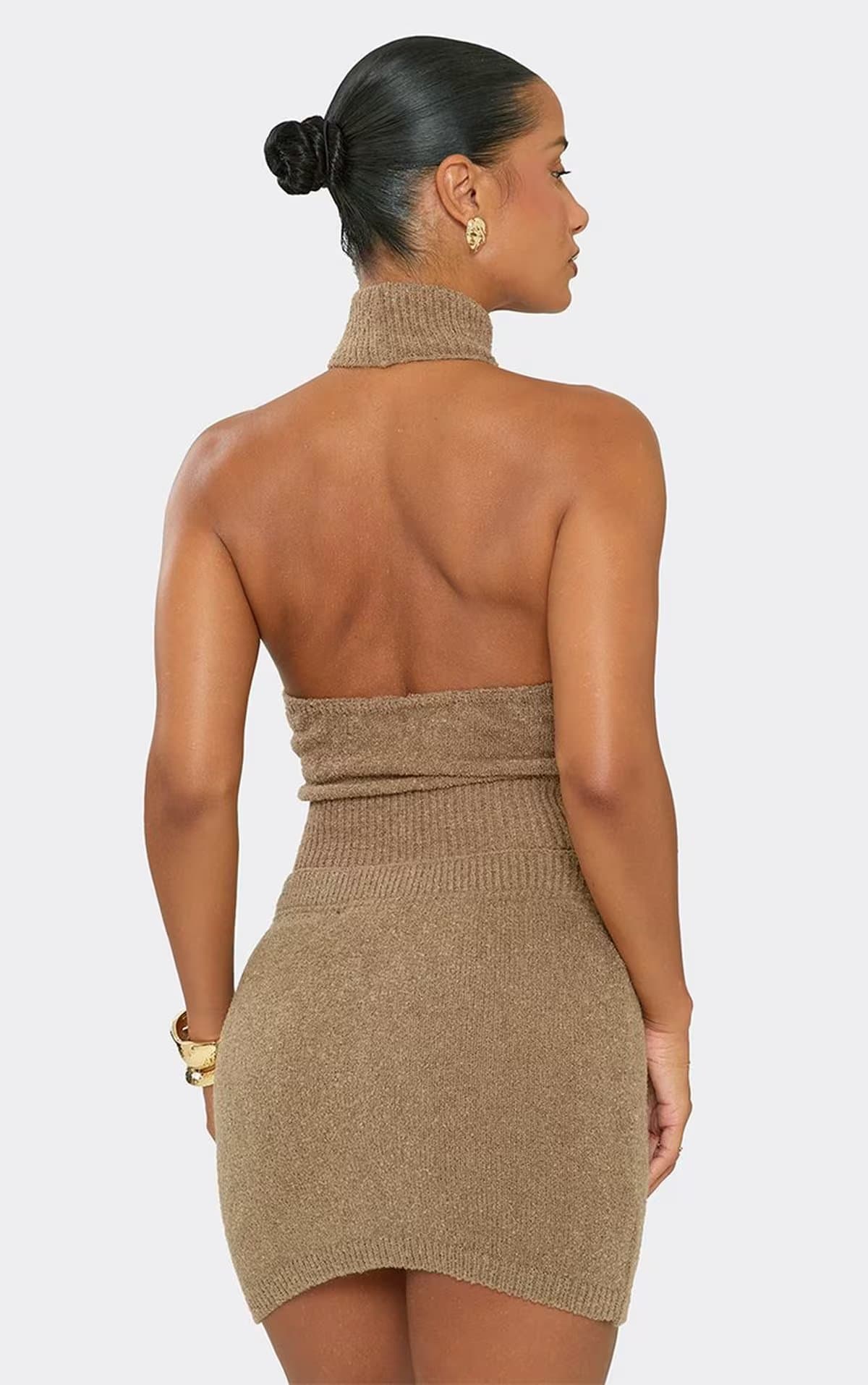 EGO Sleeveless Roll Neck Crop Top In Taupe Textured Knit, Women's Size UK S