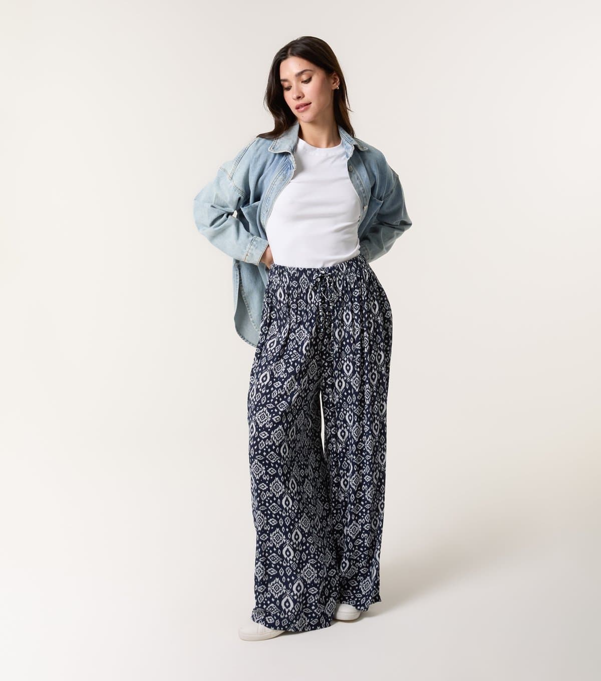 Blue Vanilla Women's Navy Printed Wide Leg Trousers Blue Vanilla New Look
