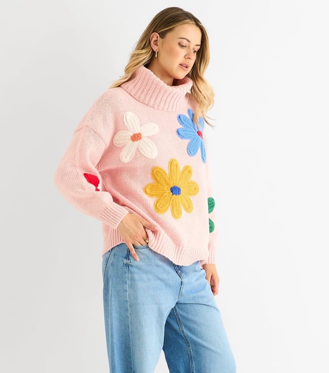 Gini London Women's Petite Pink Floral Applique Oversize Jumper Gini London New Look - 3