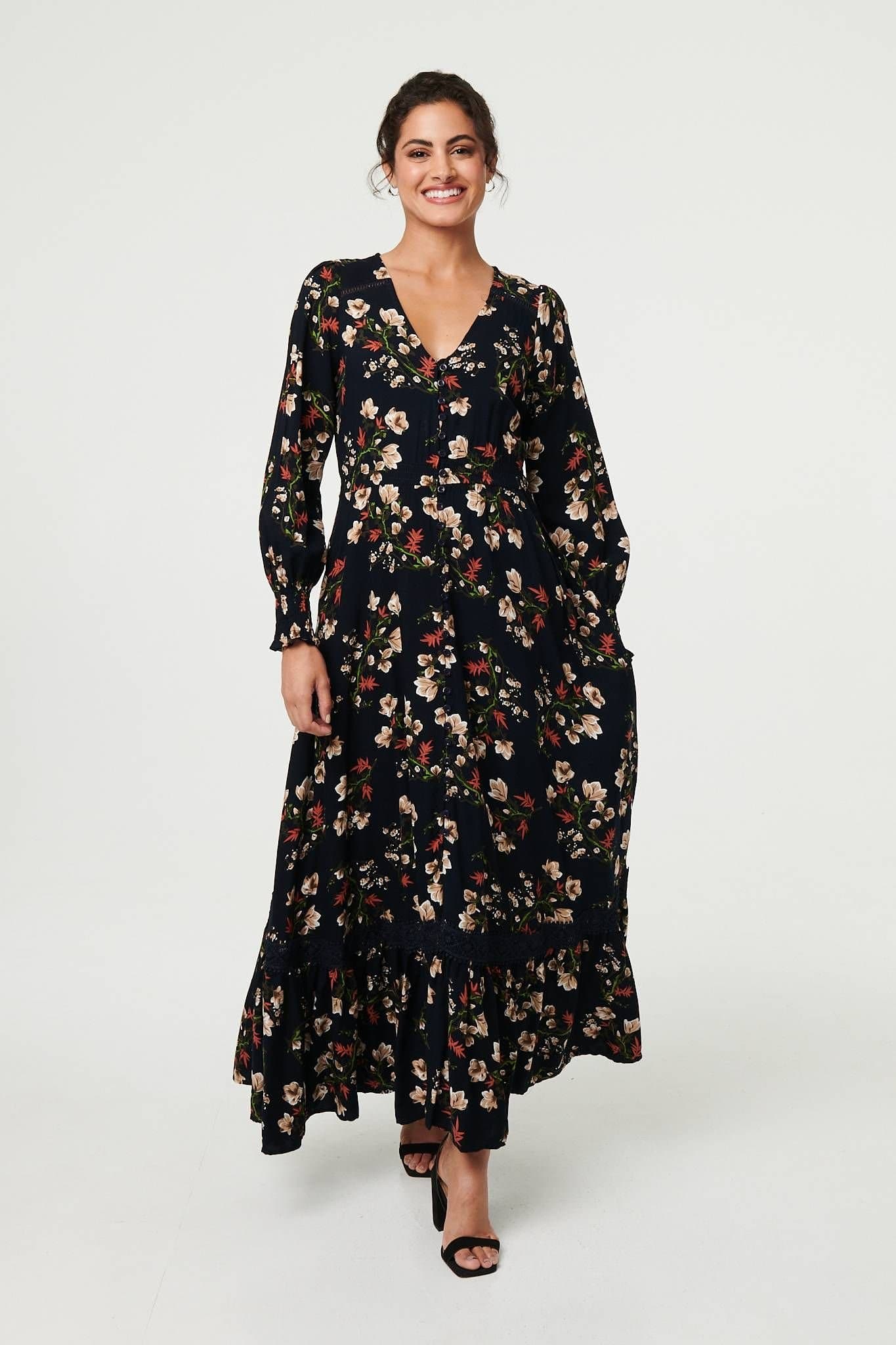 Izabel London Izabel London Women's Floral Long Sleeve Lace Trim Maxi Dress in Navy