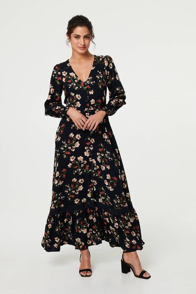 Izabel London Izabel London Women's Floral Long Sleeve Lace Trim Maxi Dress in Navy - 2