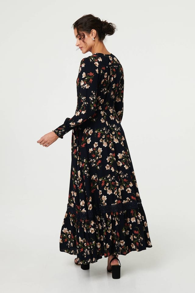 Izabel London Izabel London Women's Floral Long Sleeve Lace Trim Maxi Dress in Navy - 3