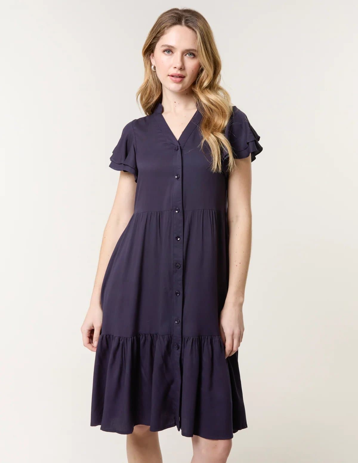 Blue Vanilla Angel Sleeve Button Front Midi Dress