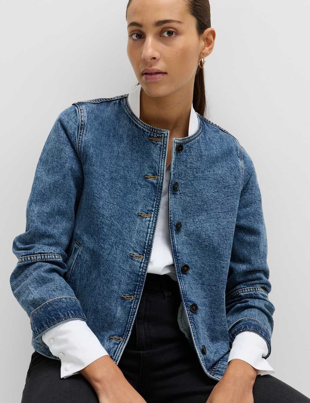 Marks & Spencer M&S Collarless Denim Jacket in Medium Indigo