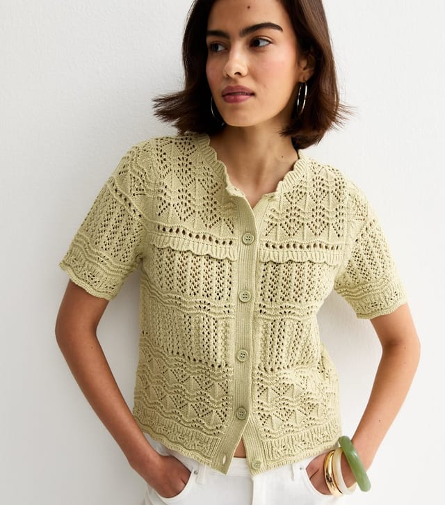 New Look Women's Green Cotton Rich Patterned Knit Short Sleeve Cardigan New Look - 2