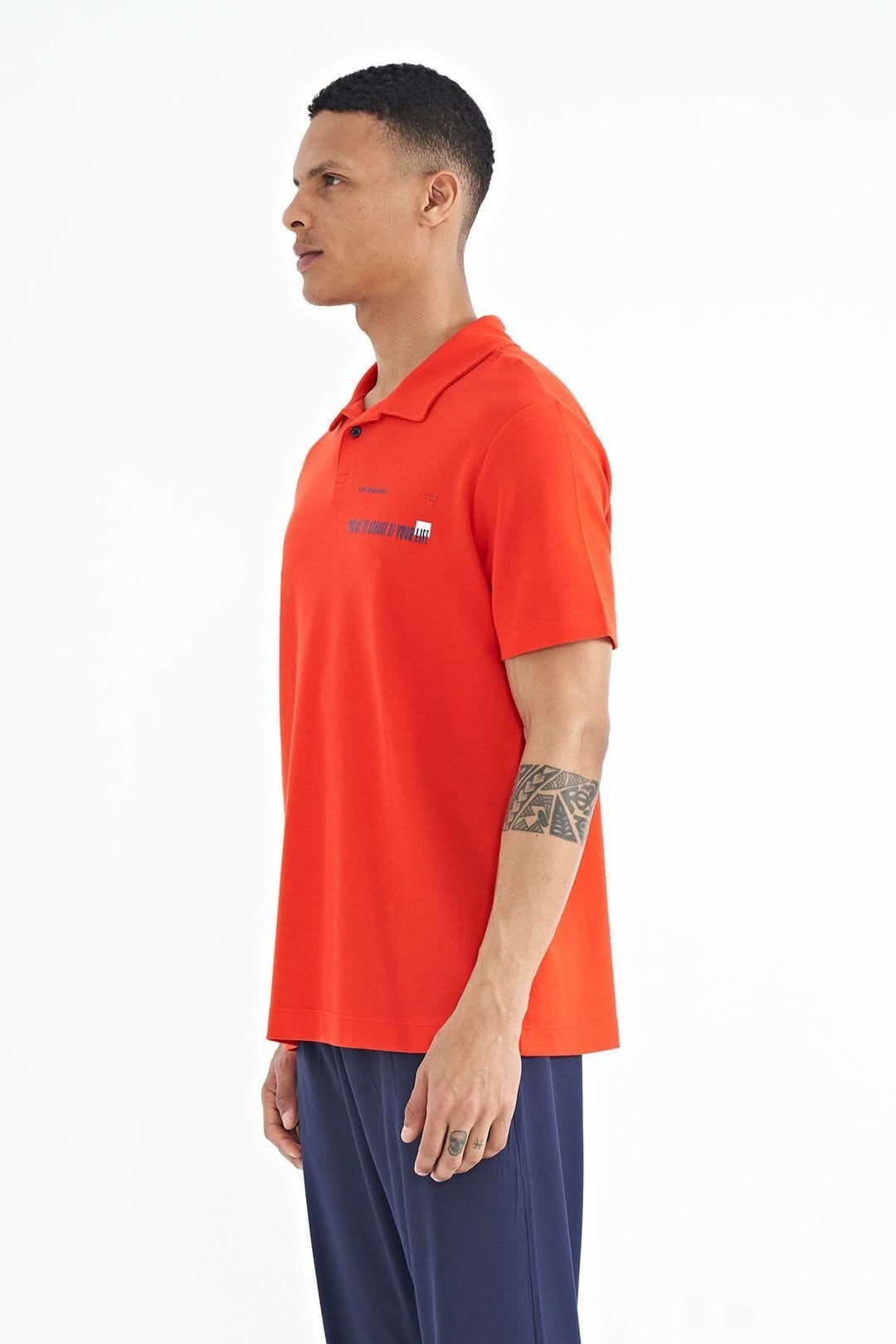 Tommy Life Tommy Life Men's Cotton Polo T-Shirt With Text Print in Orange - 4