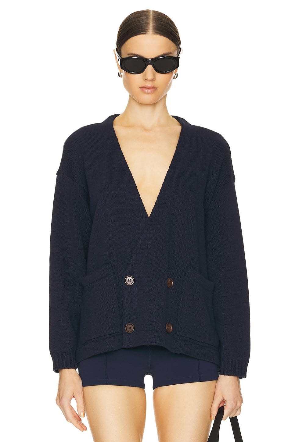 Revolve Navy Double Breasted Knit Cardigan