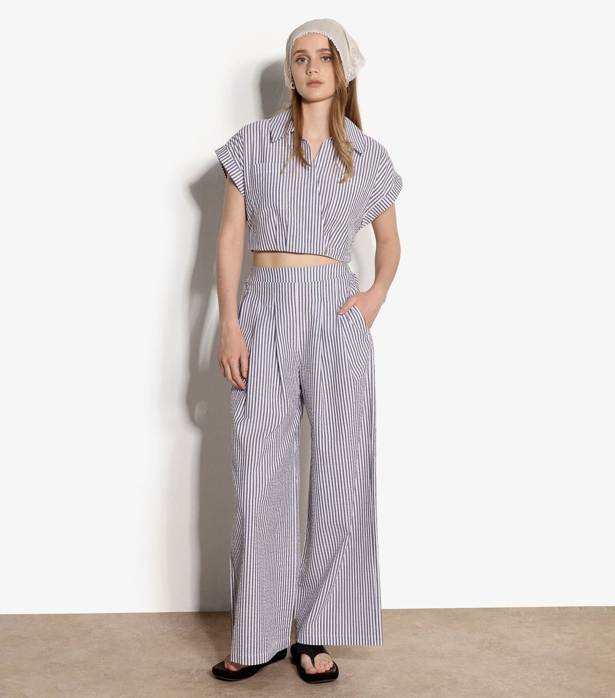 Apricot Apricot Blue & White Seersucker Stripe Trousers