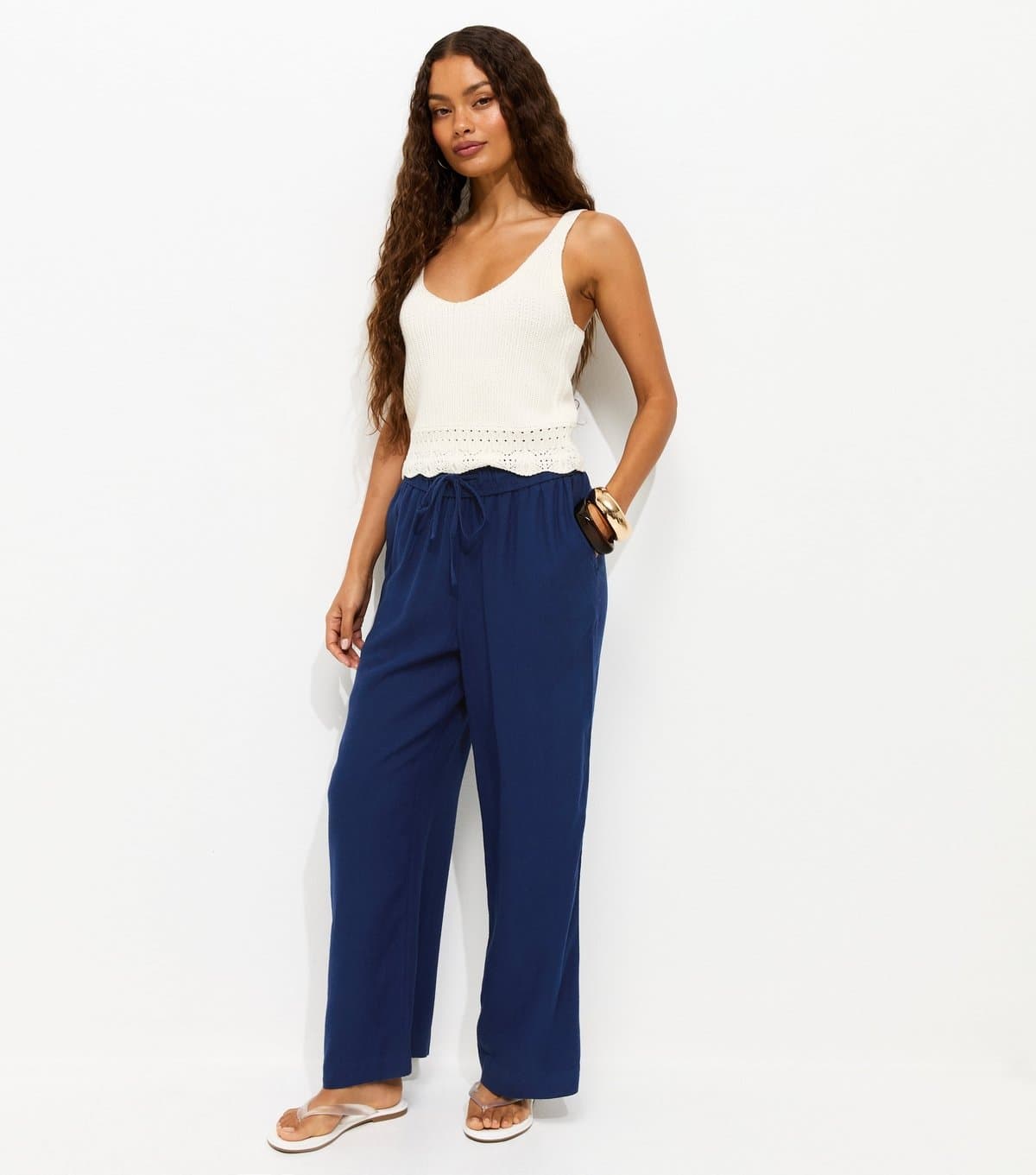 New Look New Look Navy Blue Linen-Infused Wide Leg Trousers