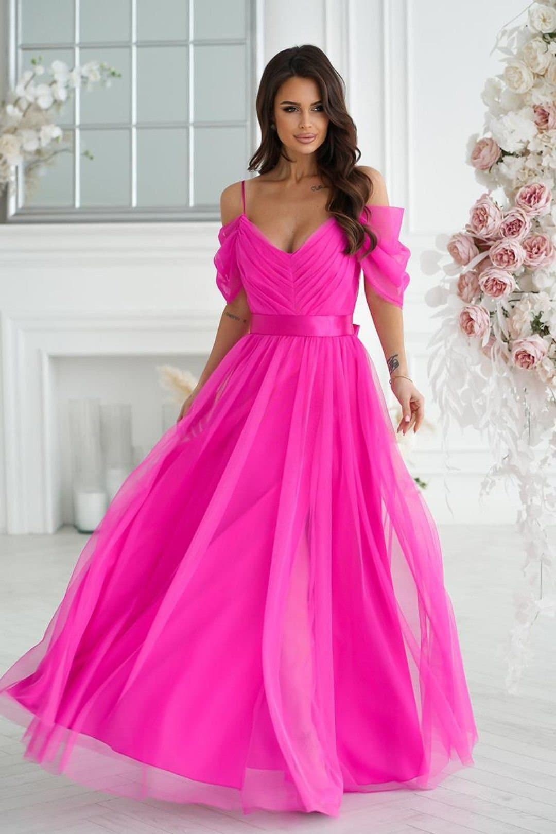 Love Lace Love Lace Women's Spanish Style Long Dress with Tulle Sleeves in Bright Pink