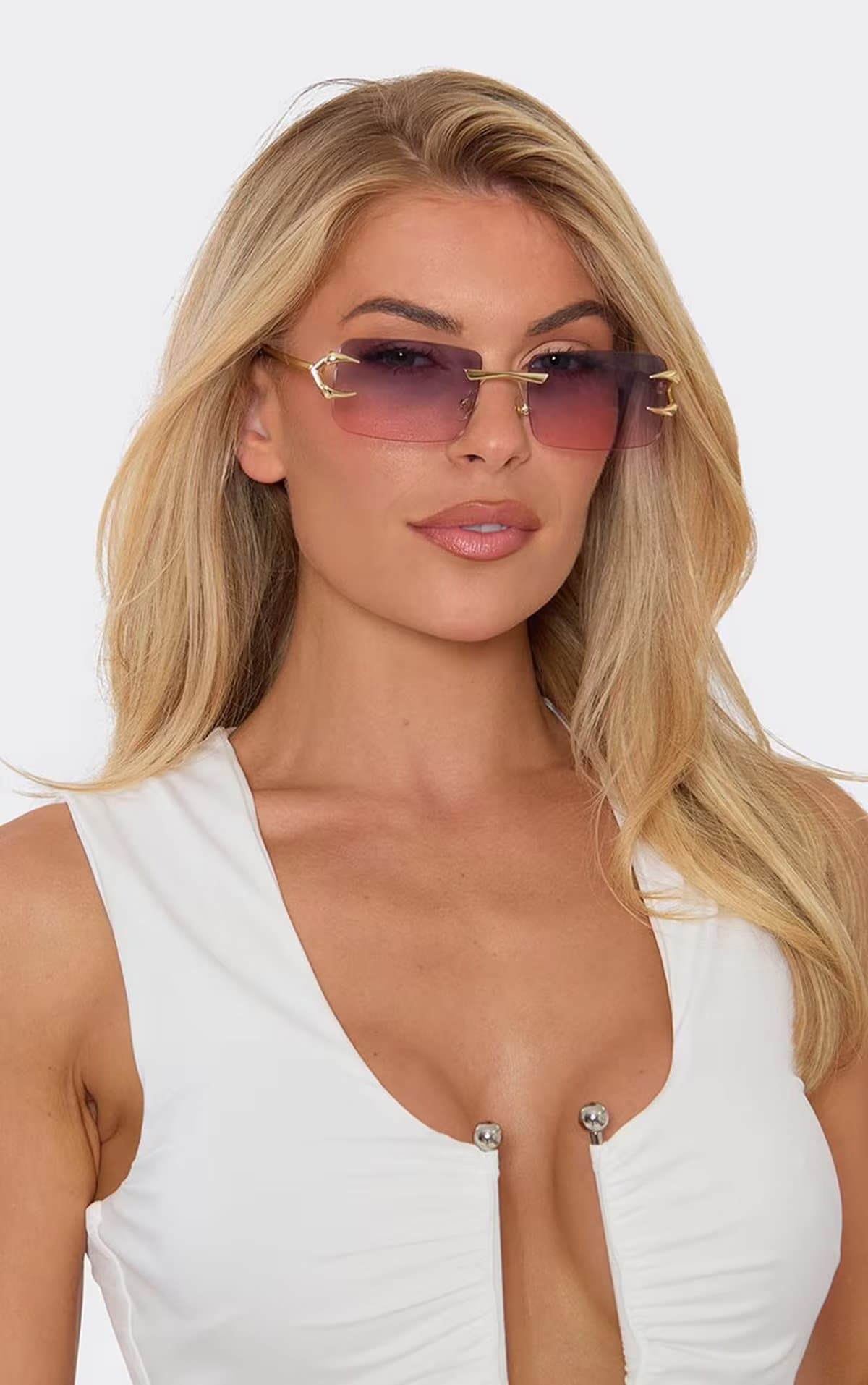 EGO Gold Claw Detailing Regtangle Shaped Frameless Sunglasses In Gold, Women's Size UK 0