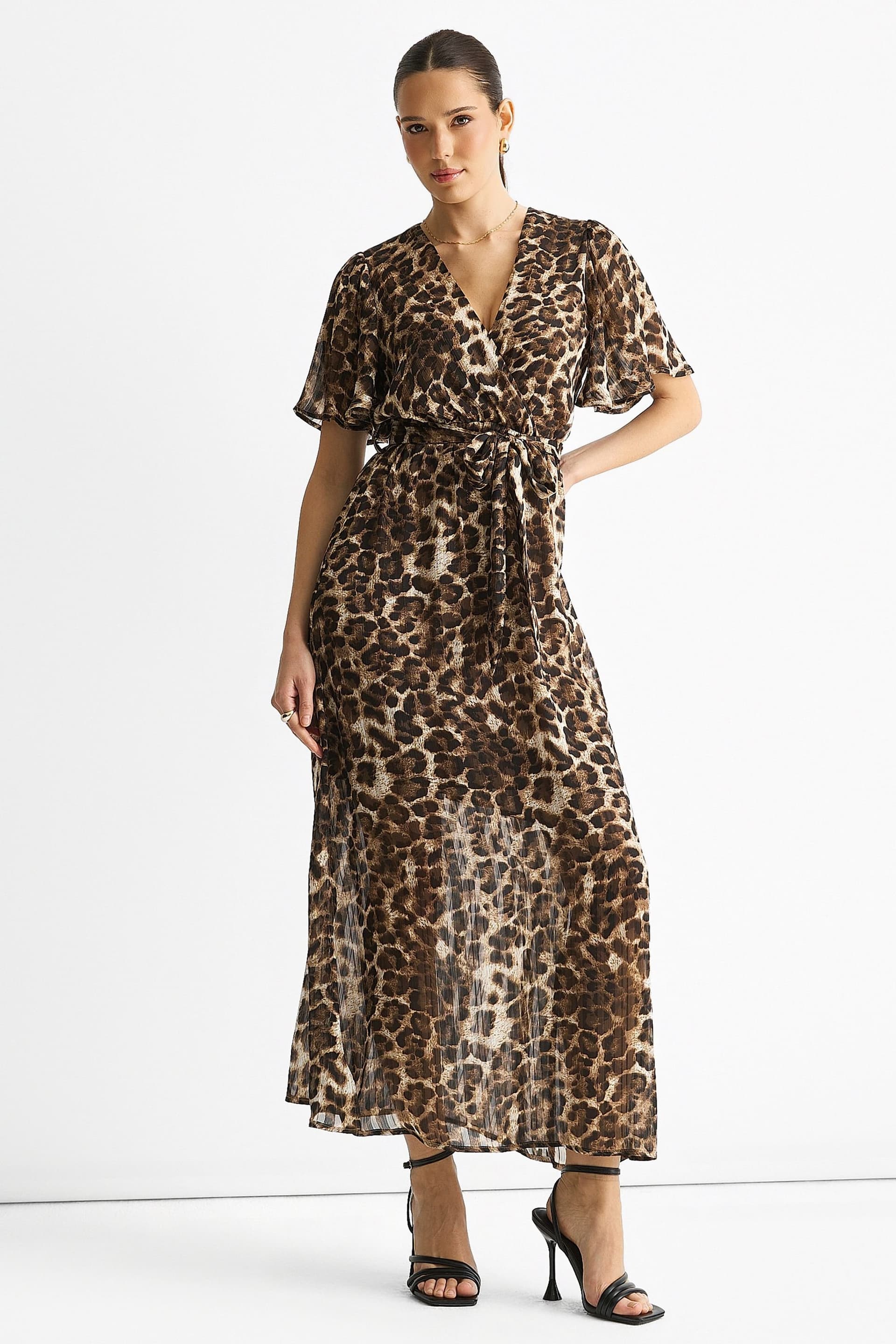 Gini London Gini London Women's Brown Chiffon Animal Sparkle Stripe Wrap Midi Dress