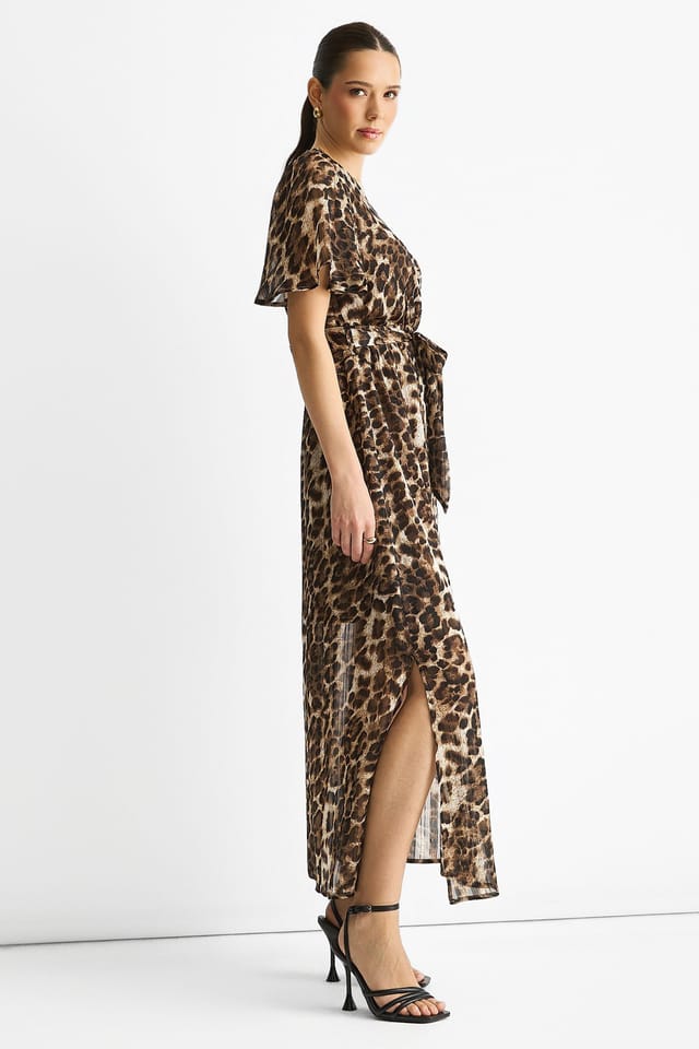 Gini London Gini London Women's Brown Chiffon Animal Sparkle Stripe Wrap Midi Dress - 3