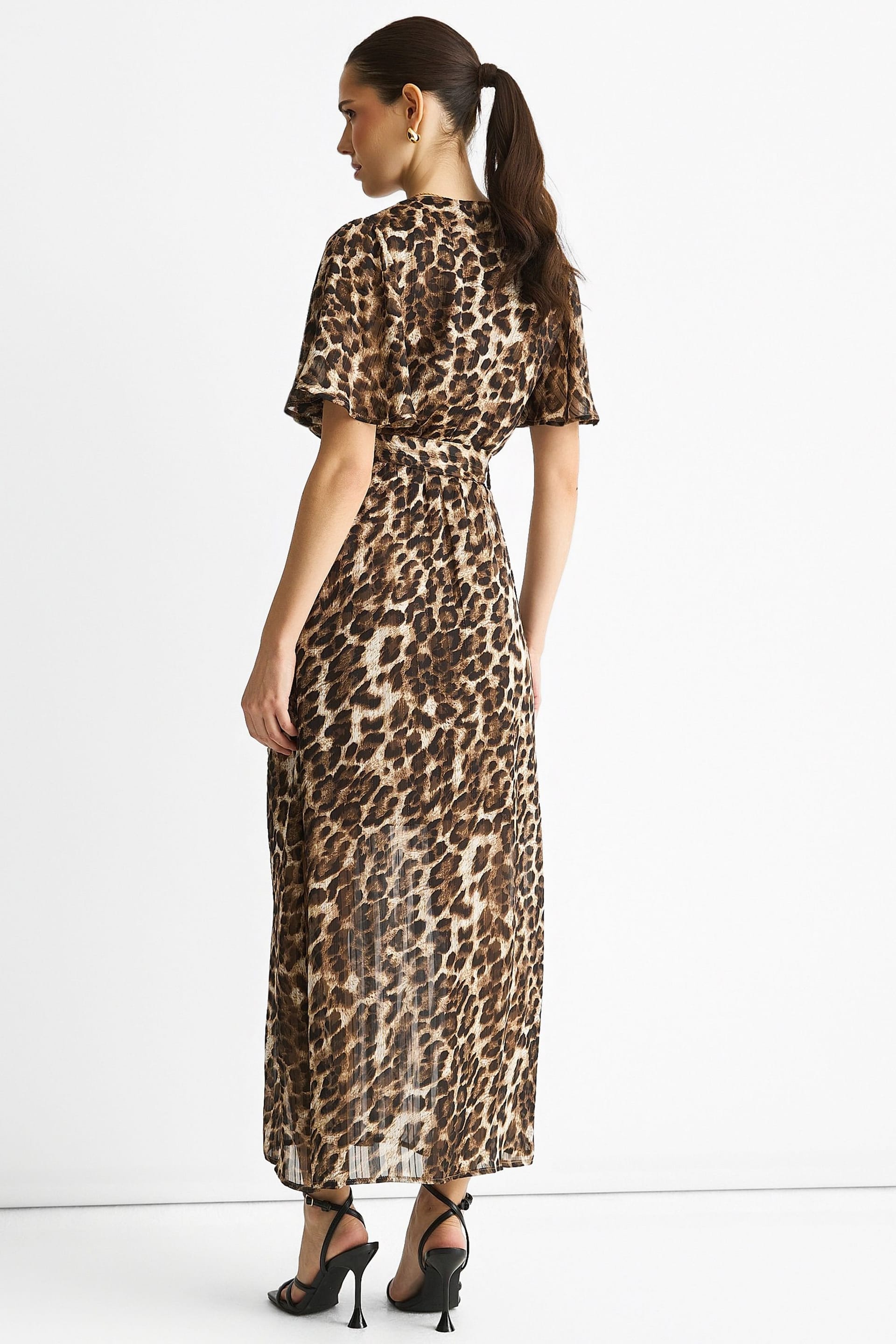 Gini London Gini London Women's Brown Chiffon Animal Sparkle Stripe Wrap Midi Dress - 4