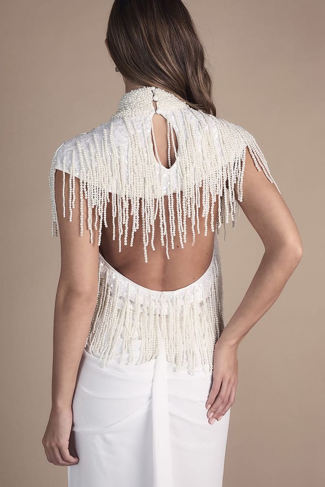 Coast Coast Women's Pearl Fringed High Neck Embellished Wedding Dress in Ivory - 2