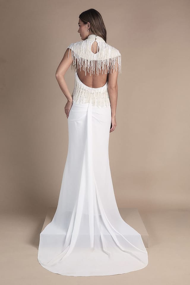 Coast Coast Women's Pearl Fringed High Neck Embellished Wedding Dress in Ivory - 3